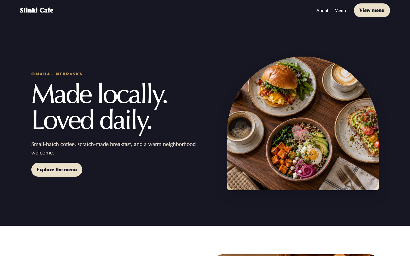 Slinki Cafe displayed in the elegant website design